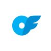 Blue circular logo with a wing design on the right side.