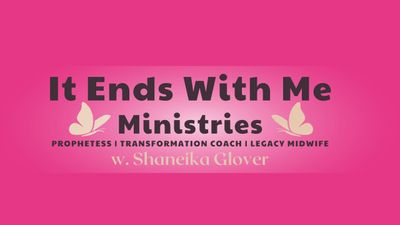 Logo for It Ends With Me Ministries with a pink background and butterflies.