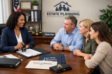 Couple discussing estate planning with a professional.