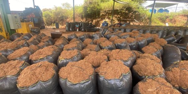 Bags filled with dried brown agricultural material under a covered area.
