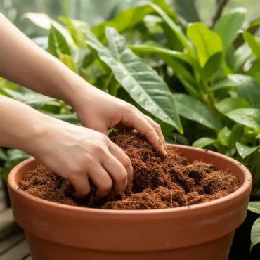 Hands mixing soil in a large terracotta pot outdoors.