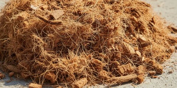 Pile of coconut coir fibers on the ground.
