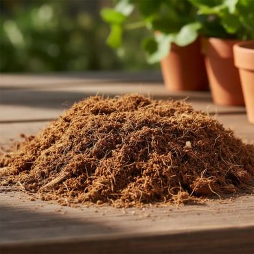 A pile of brown coconut coir on a wooden surface with potted plants in the background.