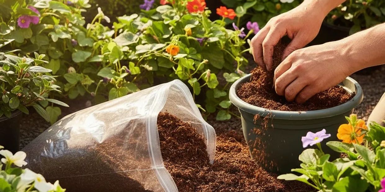 Hands filling a pot with soil for planting among colorful flowers.