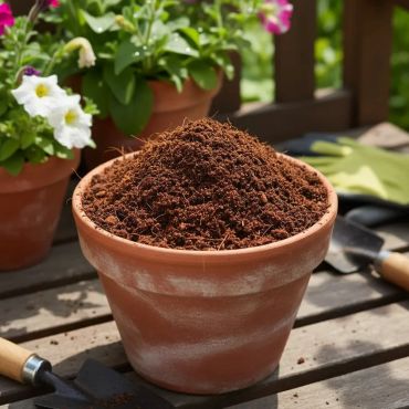 Terracotta pot filled with soil on a wooden surface, surrounded by gardening tools and flowers.