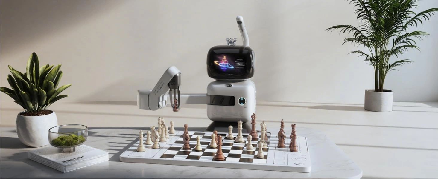 A robot arm playing chess on a modern chessboard in a minimalist room.