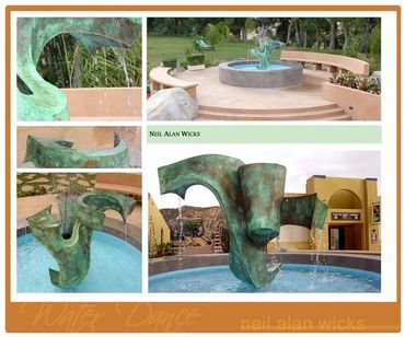 "Water dance " bronze painted steel.
48 inches tall, 60 inches wide ,60 inches deep 
weekly rental $