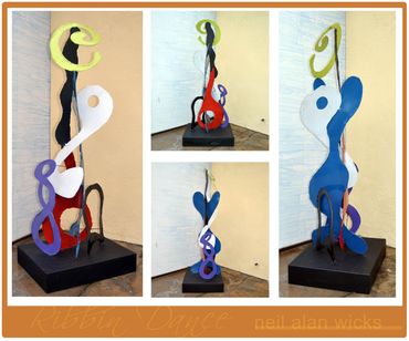 Abstract colorful sculpture with musical elements in four views.