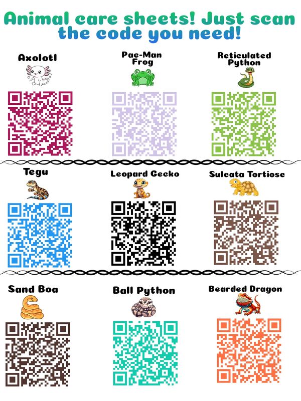 Colorful QR codes for animal care sheets with cute animal illustrations.