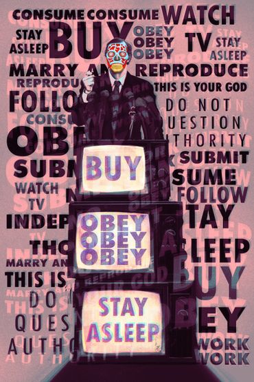 Illustration of a masked figure urging obedience and consumption through TV screens.