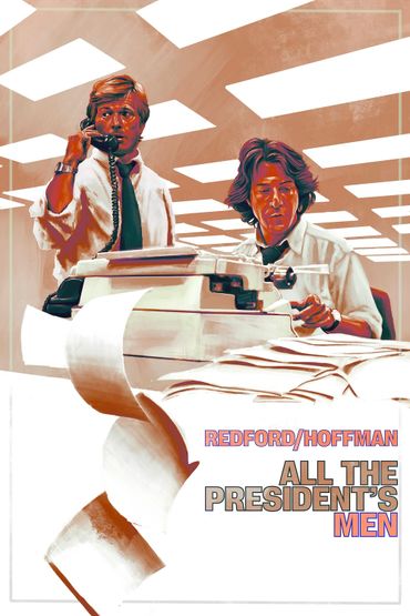 Illustrated movie poster of two men working with a typewriter and phone.