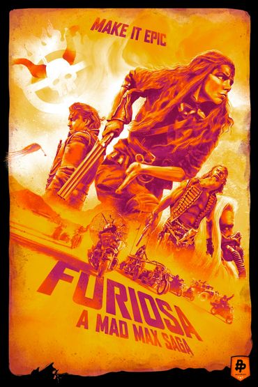 Vibrant poster for Furiosa, a Mad Max saga, featuring intense characters and vehicles.
