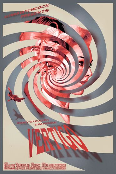 Classic movie poster for Alfred Hitchcock's Vertigo with hypnotic spiral design.