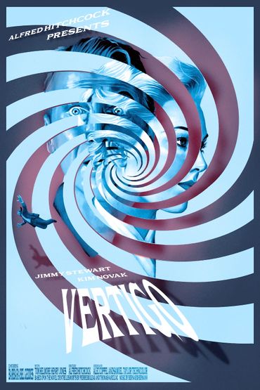 Poster for Alfred Hitchcock's thriller film Vertigo with swirling spiral design.