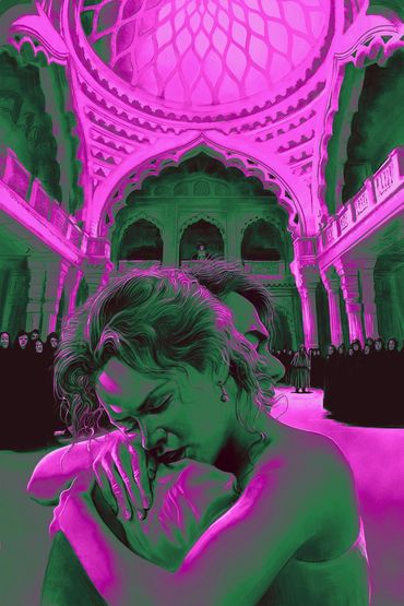 A dramatic, neon-lit embrace in a grand, gothic-inspired hall filled with shadowy figures.