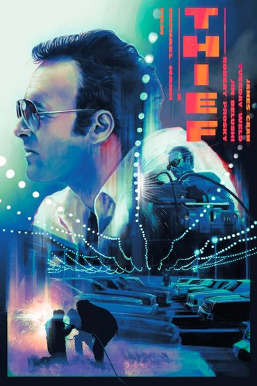 Stylized movie poster featuring a man with sunglasses and a welding scene.