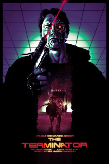 Stylized poster of The Terminator with Arnold Schwarzenegger's cyborg character aiming a gun.