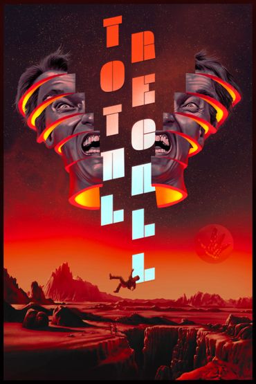 Surreal sci-fi poster with split face and falling figure on red alien landscape.