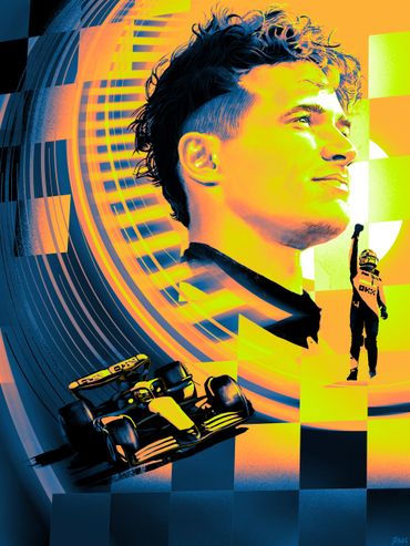 Vibrant digital art of a race car driver, his car, and a checkered flag background.