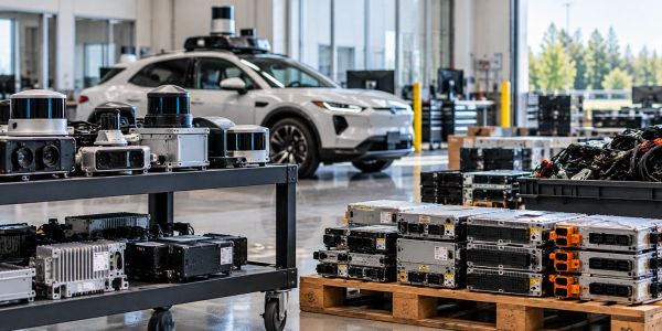 Robotic sensors and electronic components in a modern lab with a white autonomous car.