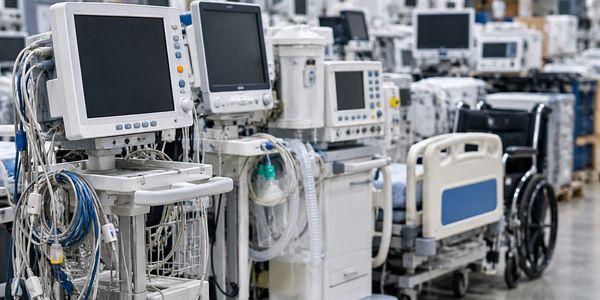 Stack of medical equipment and empty hospital beds.