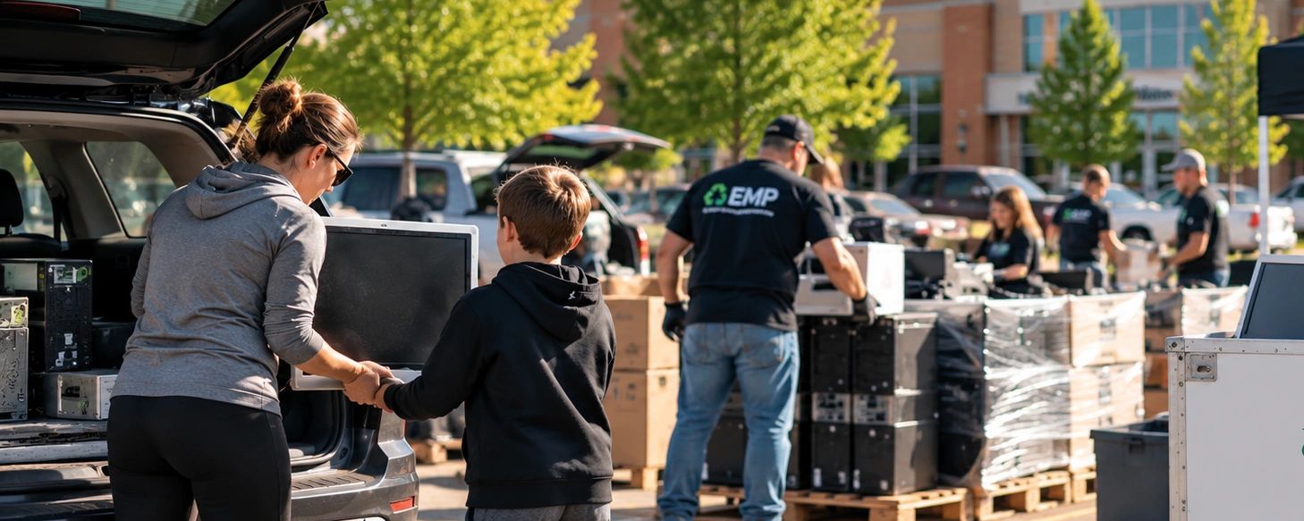 People recycling electronic equipment outdoors.