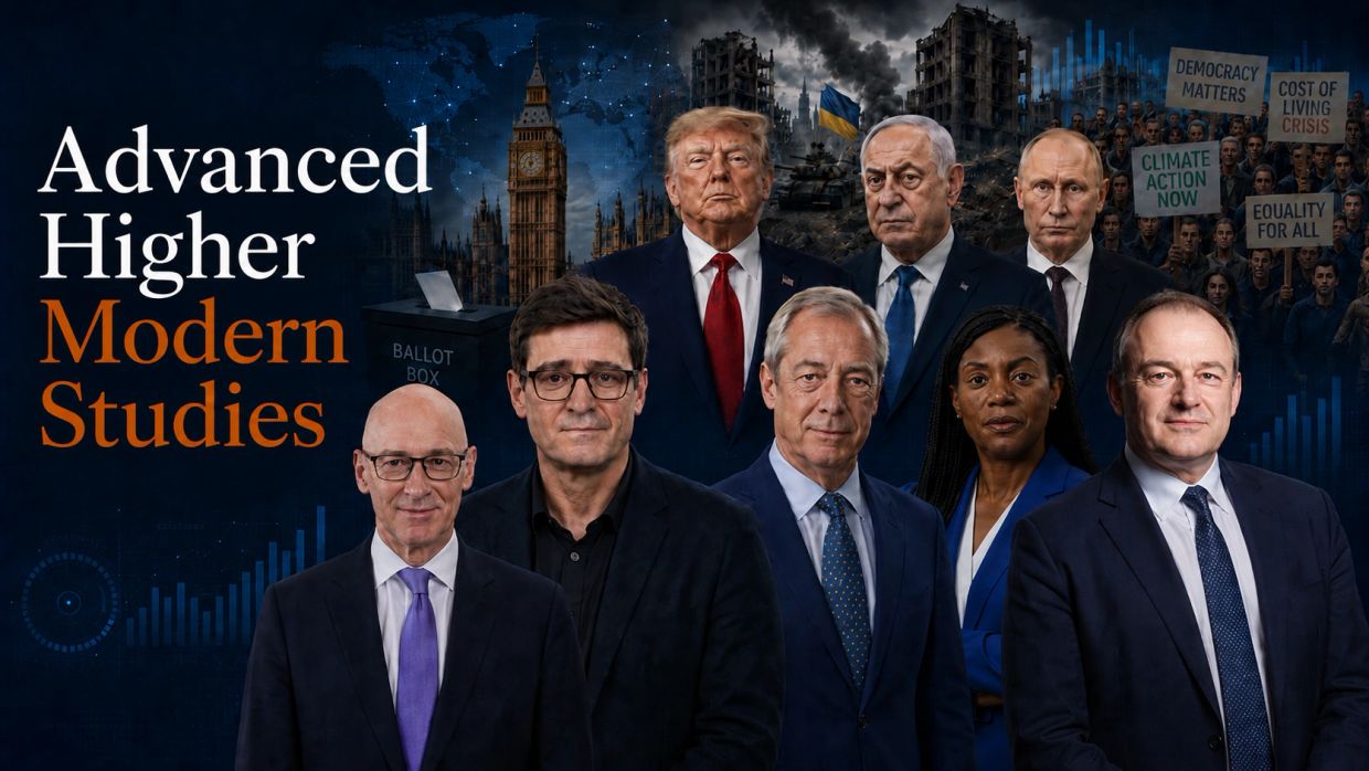 Collage of global leaders and protests with 'Advanced Higher Modern Studies' text.