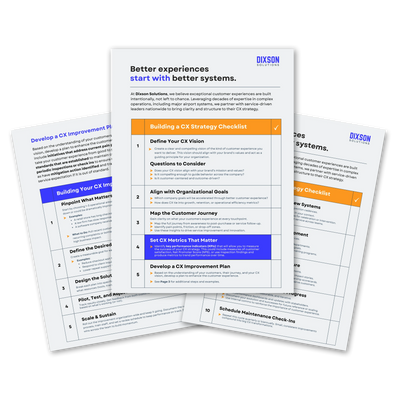 Three-page brochure from Dixson Solutions outlining a CX Strategy Checklist and improvement plan. Free CX Strategy Development Guide | Dixson Solutions