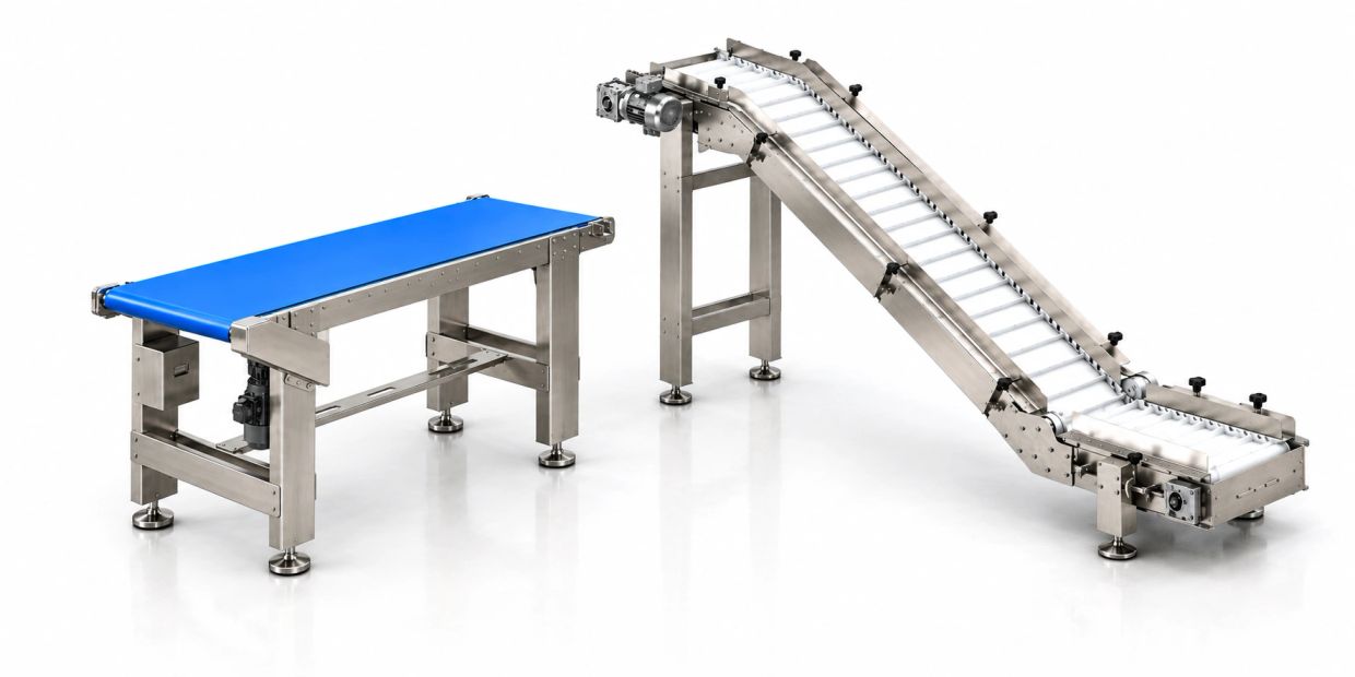 Two stainless steel conveyor belts on a white background.