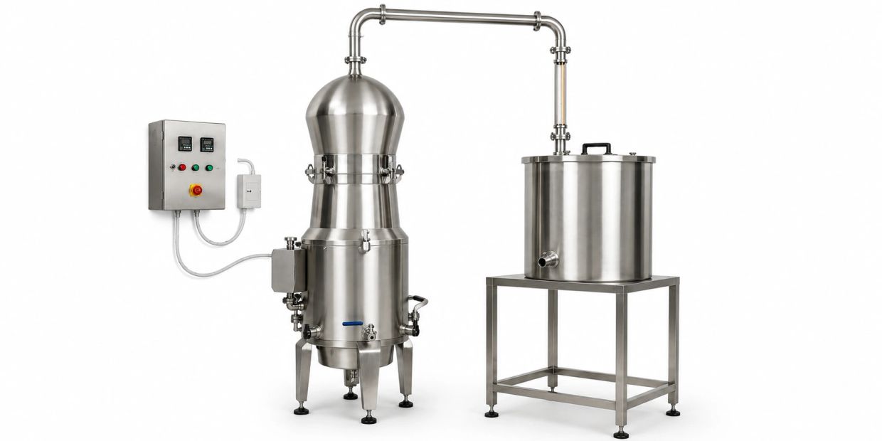 Industrial distillation device with connected container on metal stand.