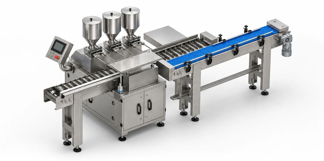 Stainless steel industrial filling and packaging machine.