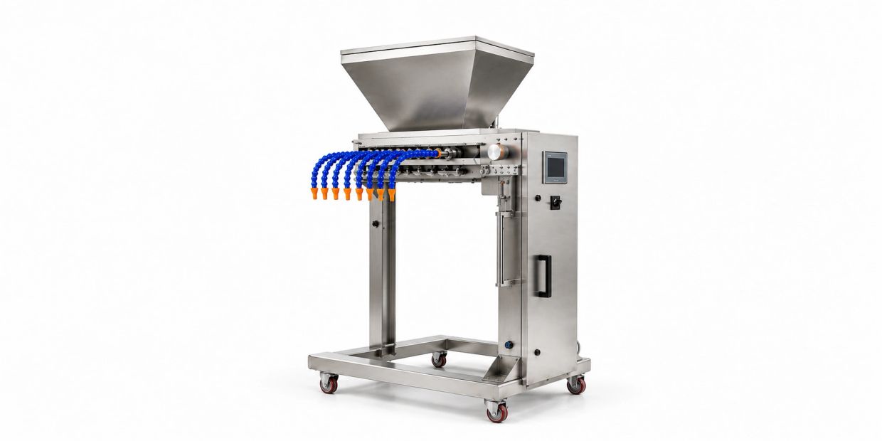 Industrial stainless steel filling machine with multiple nozzles.