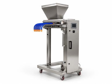 Industrial filling machine with multiple nozzles on wheels.