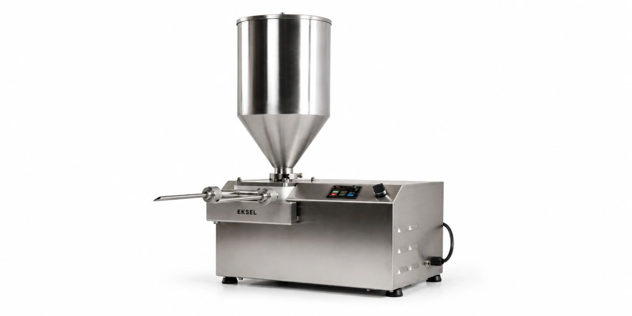 Stainless steel food filling machine with a hopper.