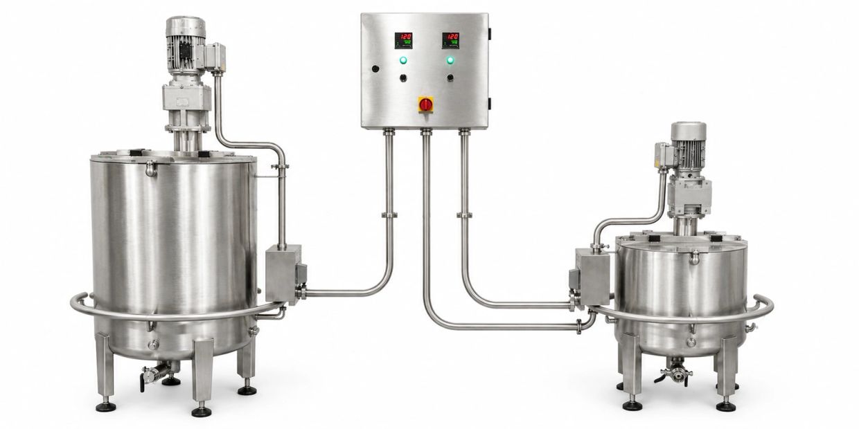Two stainless steel industrial tanks connected to a control panel.