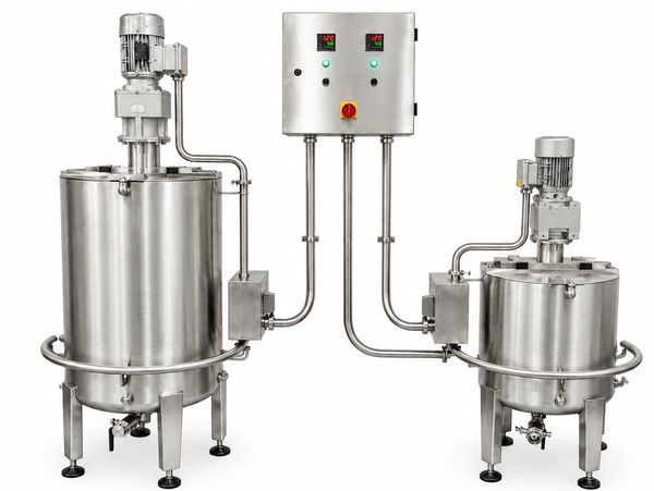 Two stainless steel industrial tanks with control panel.