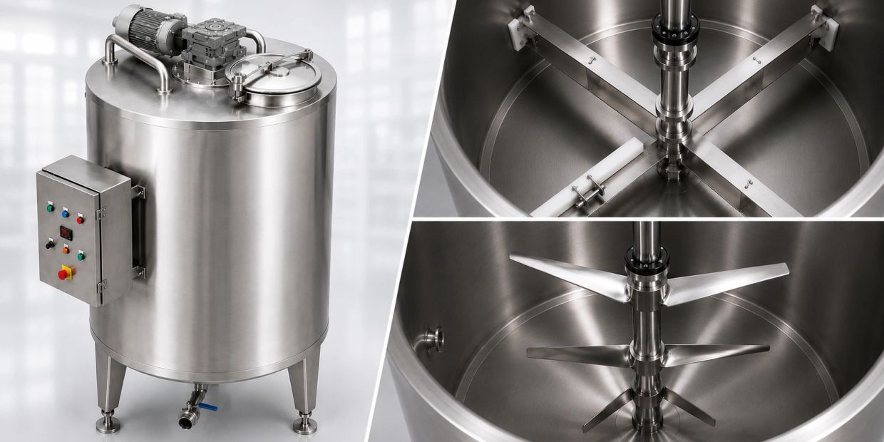 Industrial stainless steel mixing tank with internal agitators.