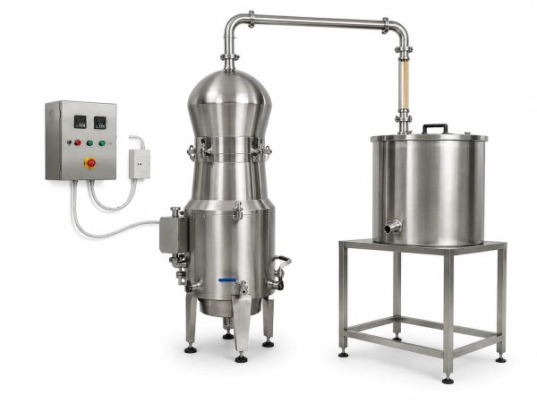 A stainless steel distillation apparatus setup.