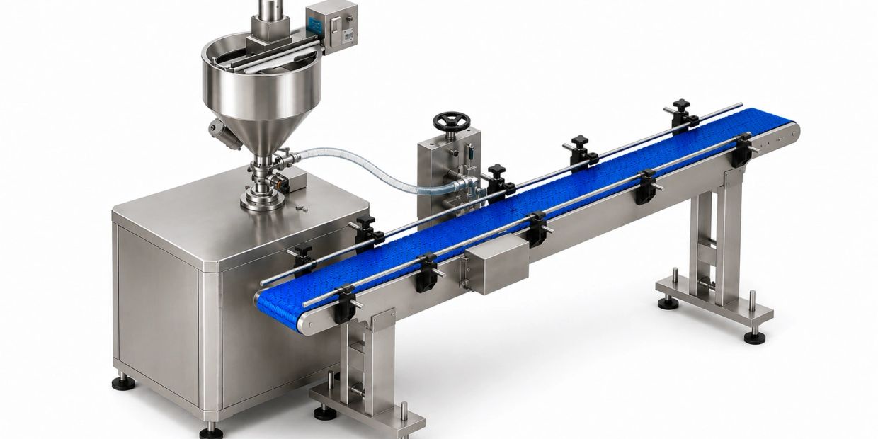 Stainless steel industrial conveyor with blue belt.