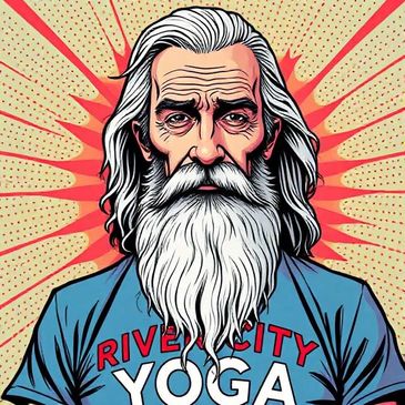 Illustration of an elderly man with a long white beard wearing a River City Yoga shirt.