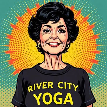 Smiling woman in a River City Yoga shirt with vibrant pop art background.