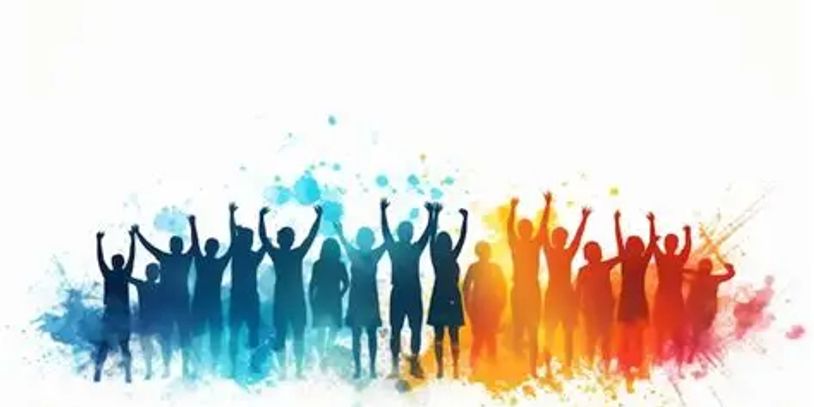Silhouettes of people celebrating with colorful splashes in the background.