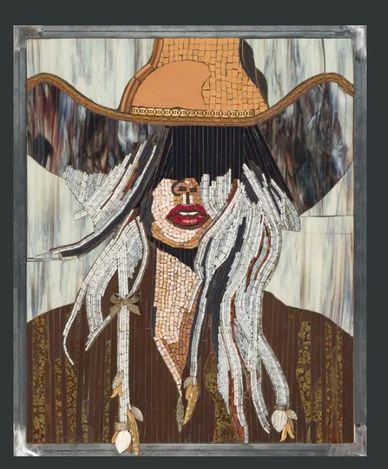 Mosaic art of a woman in a wide-brimmed hat with white hair.