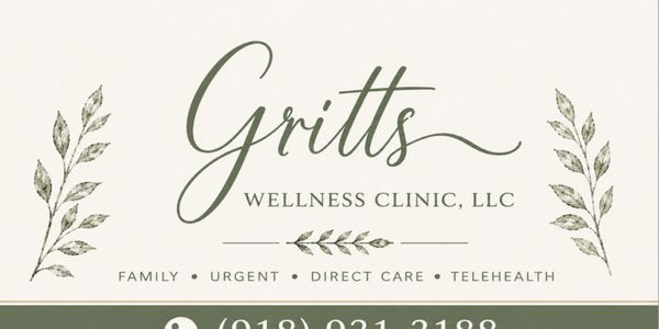 Logo of Gritts Wellness Clinic, LLC with decorative leaves and service offerings.