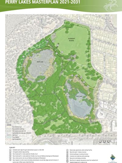 The Perry Lakes Masterplan 2021-31 was endorsed by the Town of Cambridge in 2021. The coloured area 