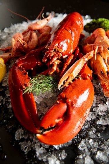 Cooked lobster and shrimp on ice with lemon and dill.
