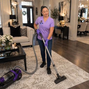 Woman vacuuming a rug in a stylish living room.