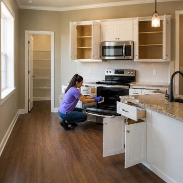 Woman cleaning an oven in a modern kitchen.