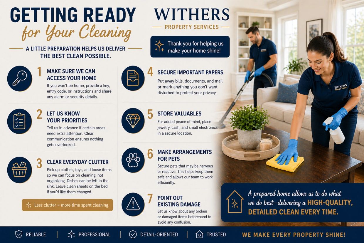 Checklist for preparing your home for a professional cleaning service.