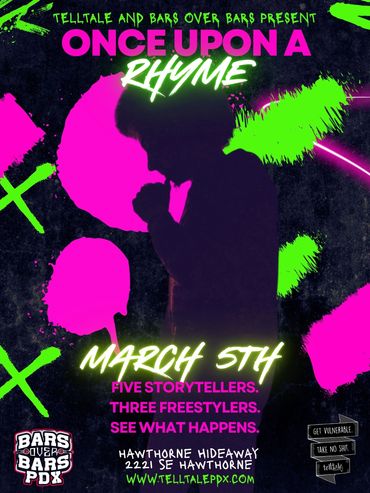 Poster for 'Once Upon a Rhyme' event with neon colors and silhouette of a person.